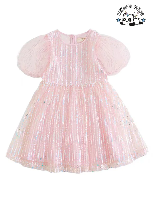 LEZONKIDS - Customizable Wholesale New Product Sweet Short Sleeve Sequin Children Frock Design for 2 to 6 Years Old Girls